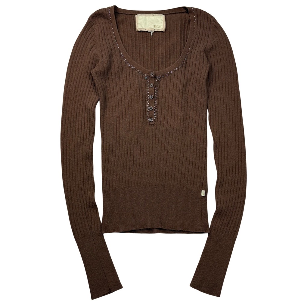 VTG Y2K Hollister Brown Fitted Ribbed Angora Blend Henley Sweater Y2K Slim Fit